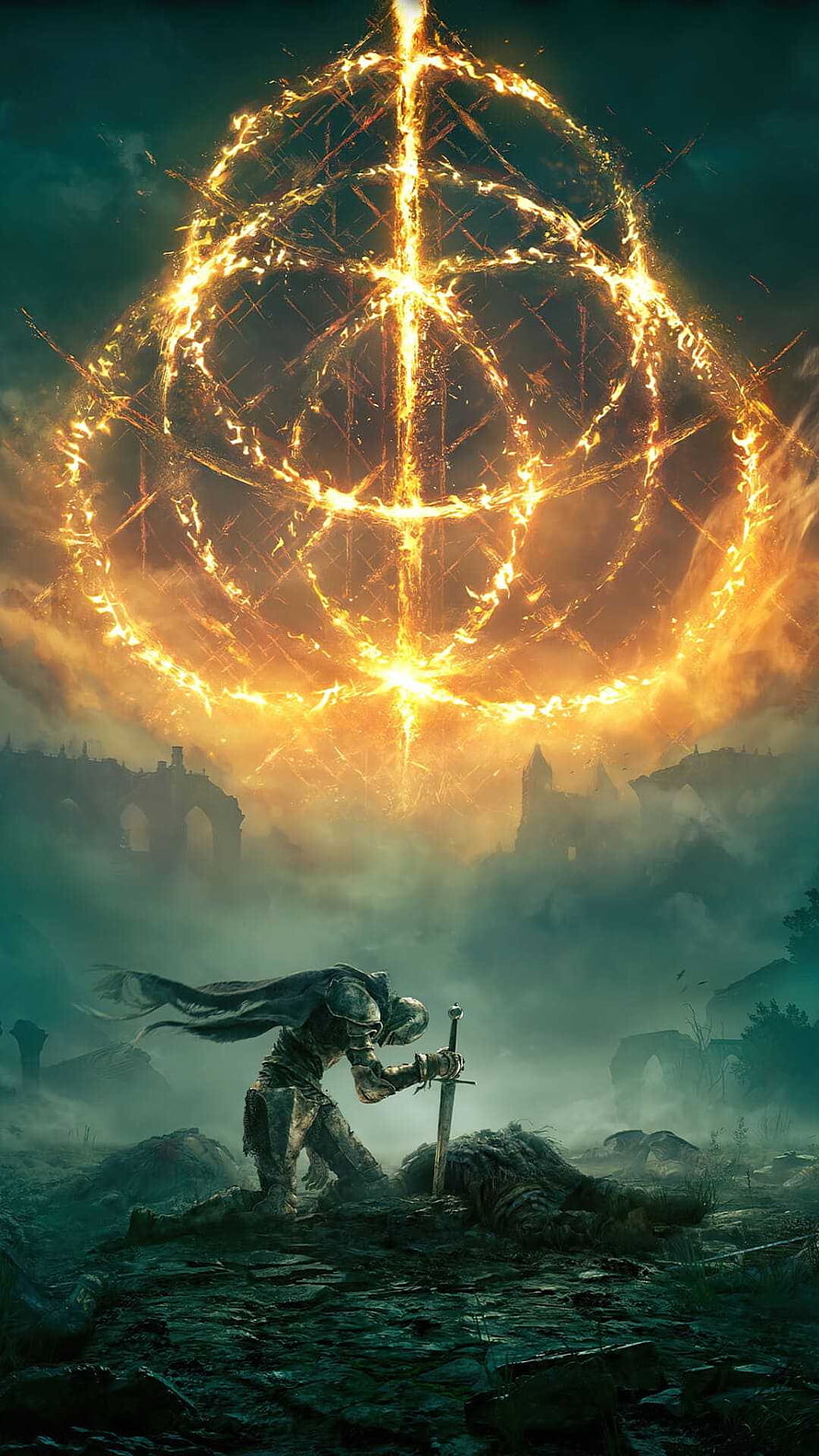 Elden Ring Tarnished Knight Kneeling Before the Glowing Erdtree in Misty Ruins HD phone wallpaper