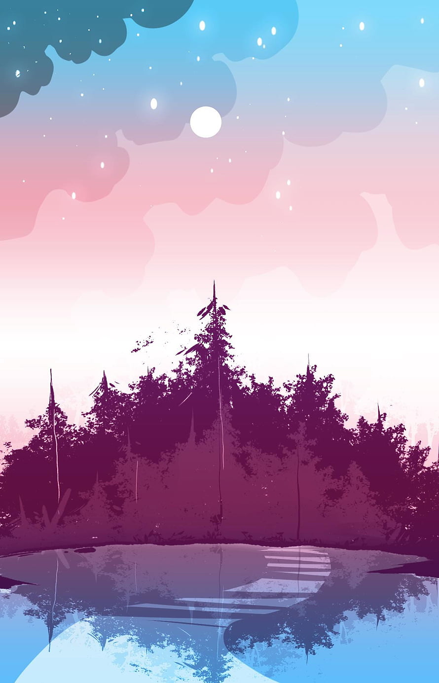 Serene Twilight Forest Silhouette with Moonlit Lake Reflection and Pastel Sky HD phone wallpaper