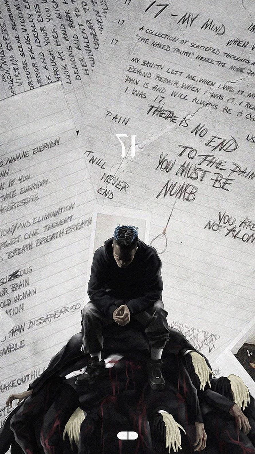 XXXTentacion Sitting on Fallen Figures Amidst Handwritten Mental Health Notes HD phone wallpaper