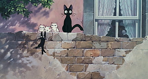 Kiki's Delivery Service Jiji and Kittens on Stone Wall HD wallpaper