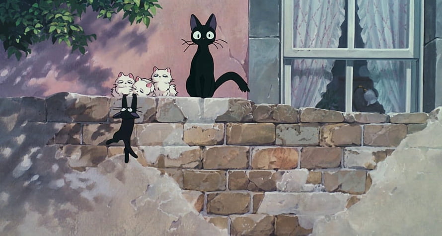Kiki's Delivery Service Jiji and Kittens on Stone Wall HD wallpaper