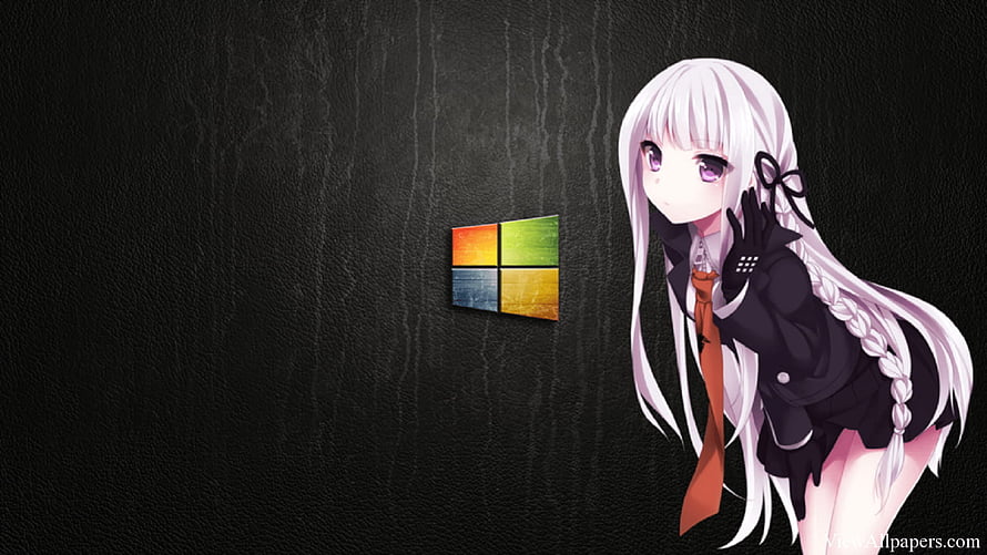 White-Haired Anime Girl in Black Uniform with Windows 8 Logo on Dark Textured Background HD wallpaper