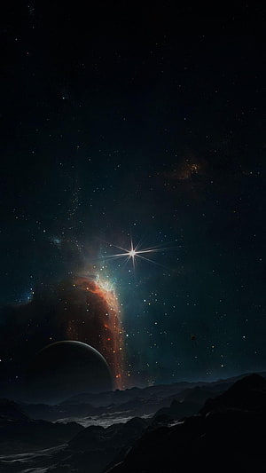Dark Space Landscape with Distant Star and Nebula Over Alien Mountain Terrain HD phone wallpaper