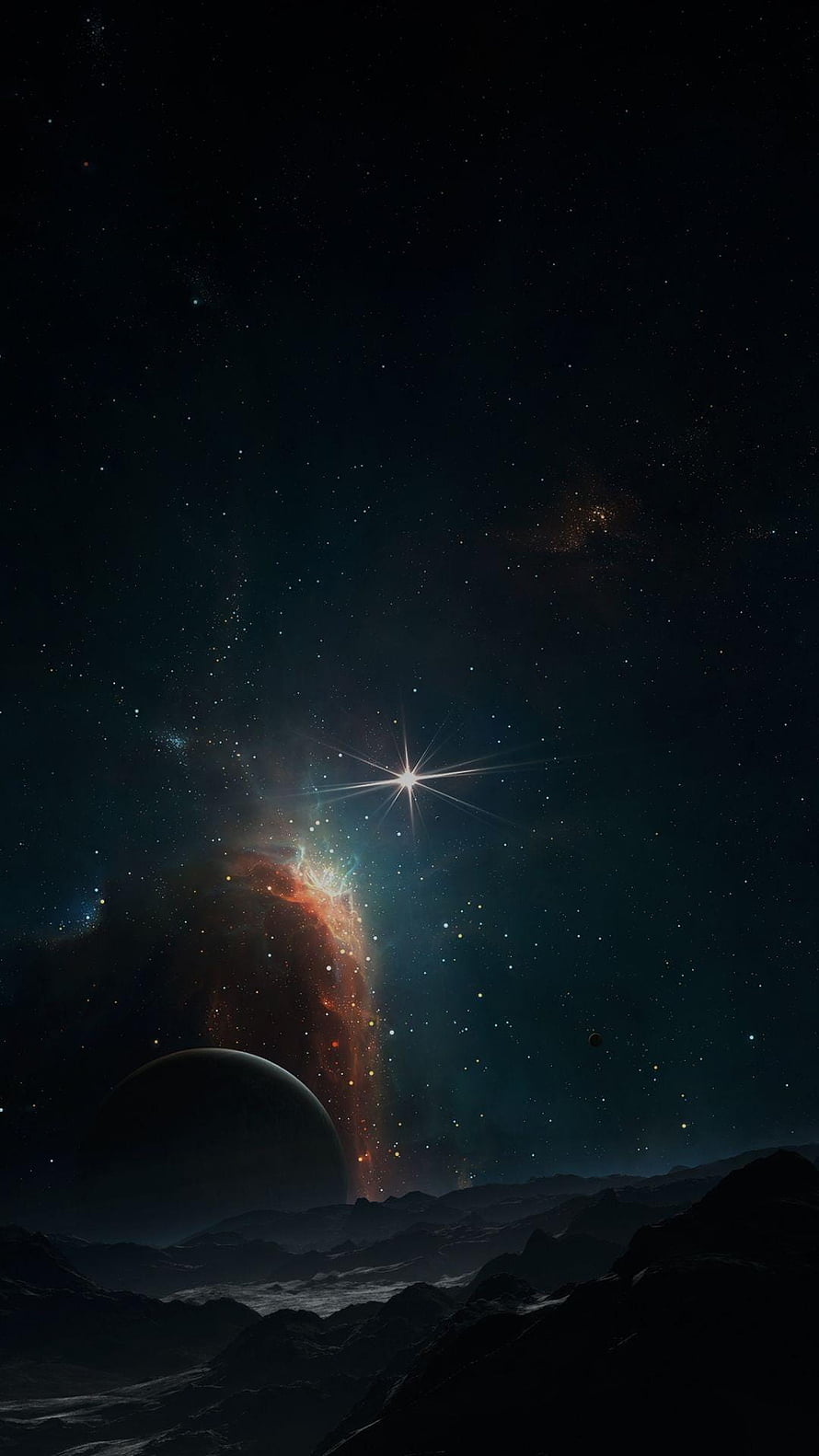 Dark Space Landscape with Distant Star and Nebula Over Alien Mountain Terrain HD phone wallpaper