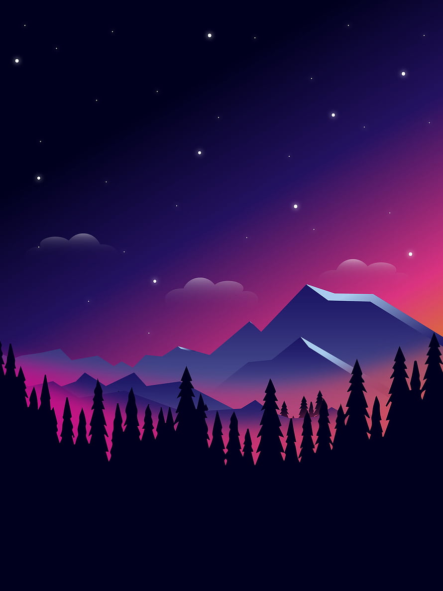 Starry Night Mountain Range with Pine Forest Silhouette in Purple and Pink Hues HD phone wallpaper