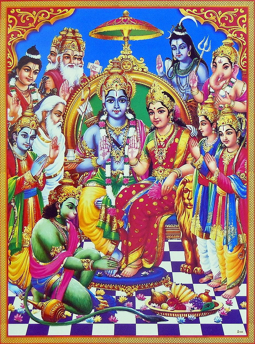 Ram Darbar Traditional Indian Deity Painting with Sita and Surrounding Gods HD phone wallpaper