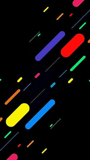 Vibrant diagonal capsule shapes in bright colors on a deep black background HD phone wallpaper