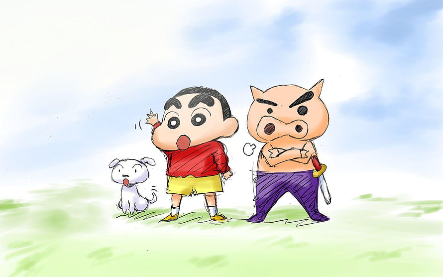 Crayon Shin-chan, Shinnosuke Nohara, and Himawari in a Hand-Drawn Anime Illustration HD wallpaper
