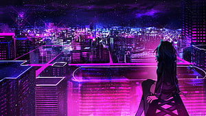 Cyberpunk Anime Girl Silhouette Overlooking Neon Night City Skyline HD wallpaper