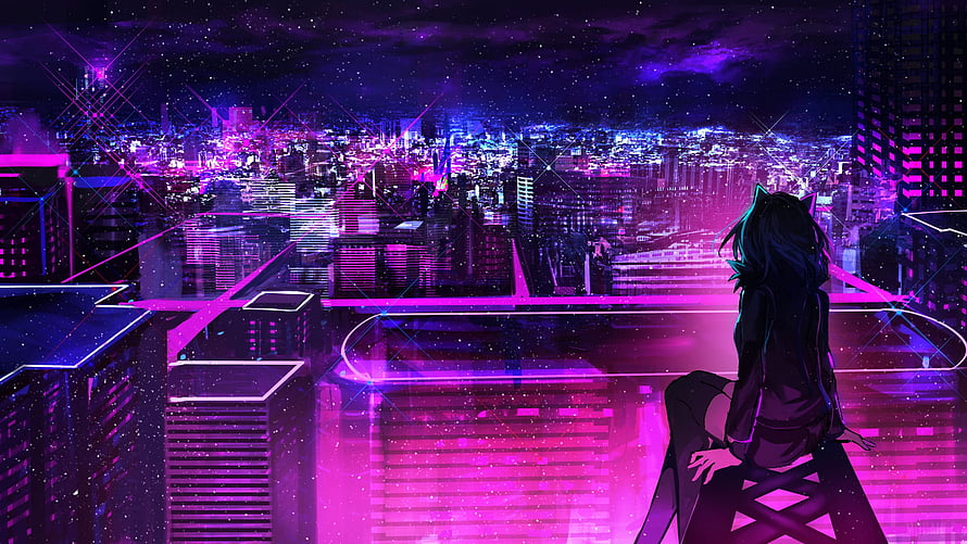 Cyberpunk Anime Girl Silhouette Overlooking Neon Night City Skyline HD wallpaper