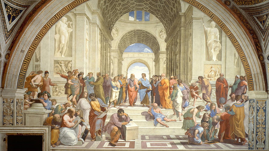 The School of Athens fresco by Raphael featuring Plato and Aristotle in a grand Renaissance architectural setting HD wallpaper
