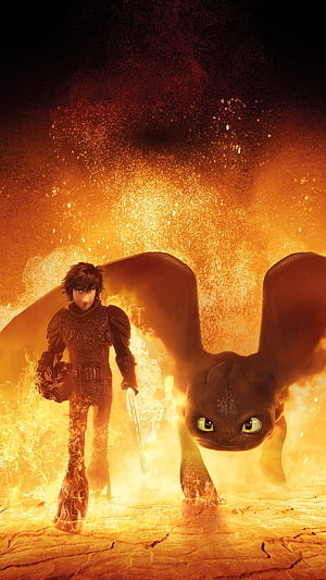 Hiccup and Toothless Walking Through Fire in How to Train Your Dragon 3 HD phone wallpaper