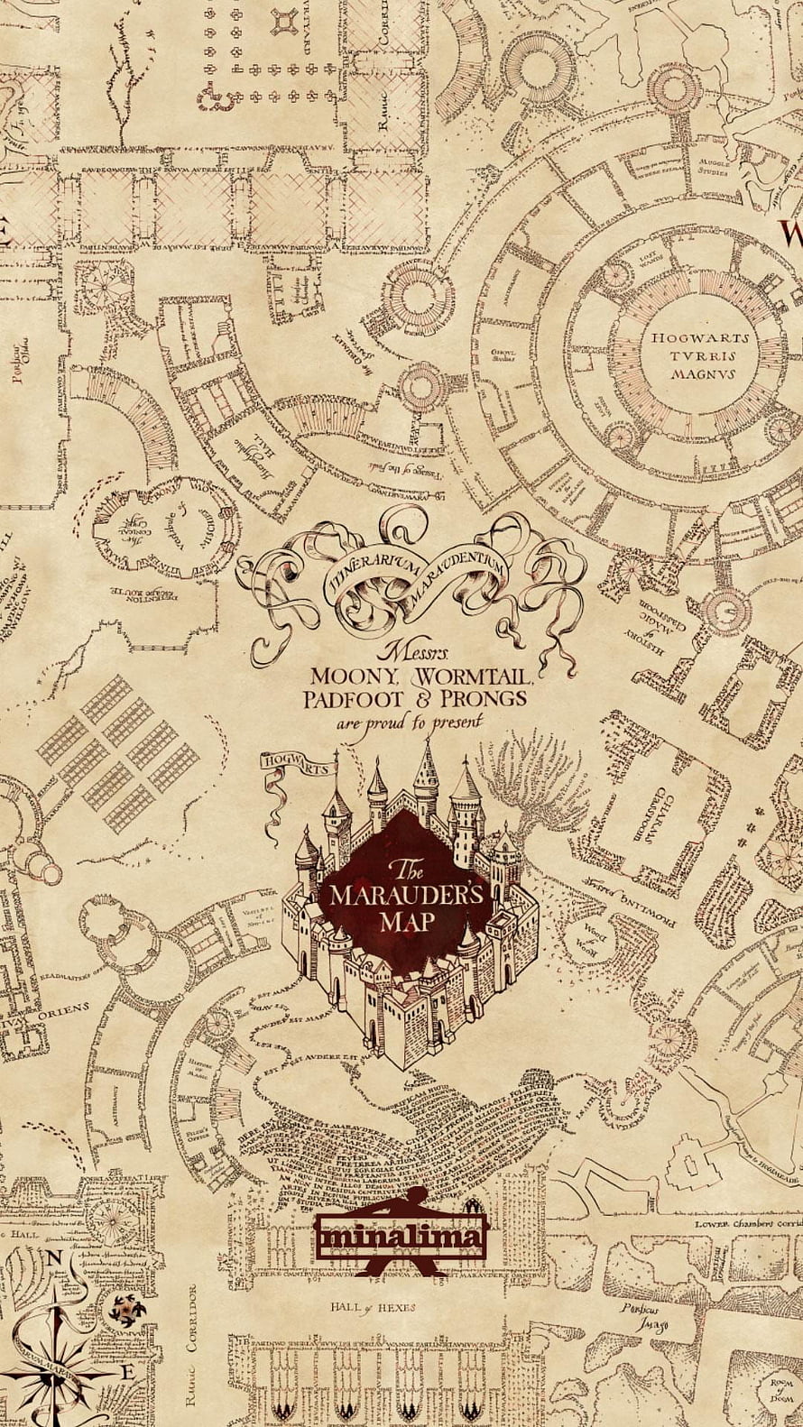The Marauder's Map Hogwarts Castle Blueprint with Moony Wormtail Padfoot and Prongs HD phone wallpaper