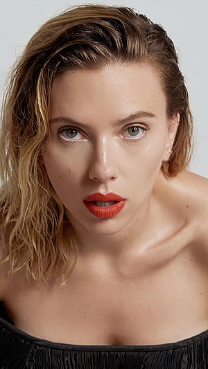 Scarlett Johansson Close-Up Portrait With Wet Hair And Red Lipstick HD phone wallpaper