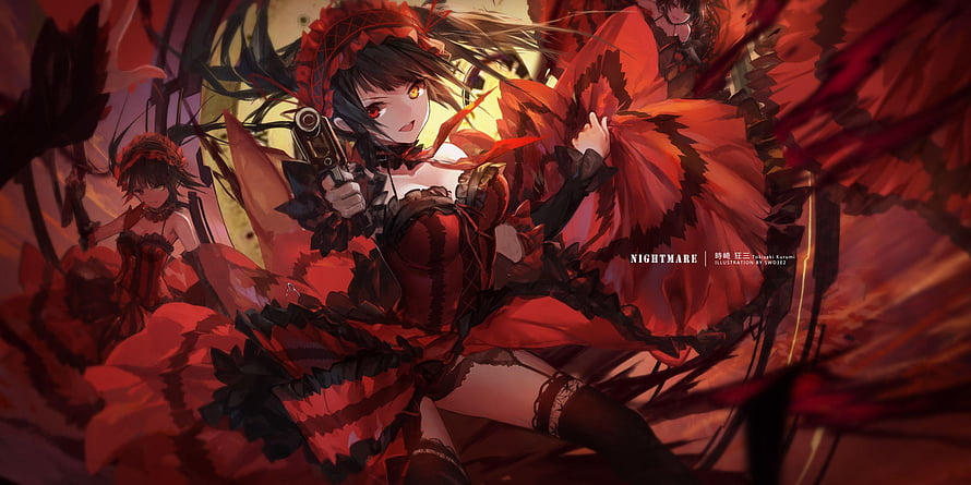 Kurumi Tokisaki in a dramatic red gothic dress holding a revolver with dark wings and intense red eyes HD wallpaper