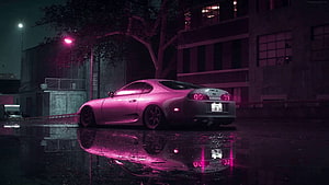 Pink Toyota Supra MK4 Parked on Wet Street at Night with Neon Reflections HD wallpaper