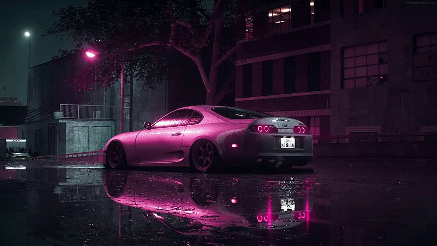 Pink Toyota Supra MK4 Parked on Wet Street at Night with Neon Reflections HD wallpaper