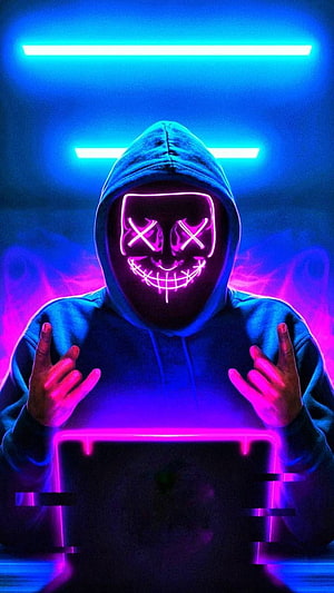 Hacker in Hoodie with Neon Glitch Mask and Cyberpunk Lighting HD phone wallpaper