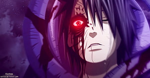 Obito Uchiha with glowing red Sharingan eye in dramatic purple anime scene HD wallpaper