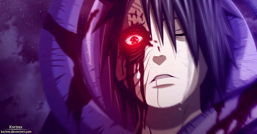 Obito Uchiha with glowing red Sharingan eye in dramatic purple anime scene HD wallpaper