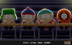 South Park Main Characters Kyle Stan Eric and Kenny Seated at a Desk in a Dark Room HD wallpaper