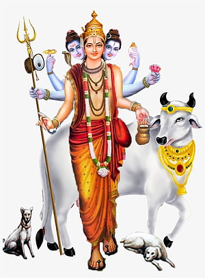 Lord Dattatreya with Nandi and Dogs in Traditional Indian Deity Illustration HD phone wallpaper