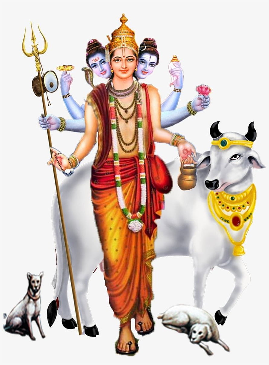 Lord Dattatreya with Nandi and Dogs in Traditional Indian Deity Illustration HD phone wallpaper