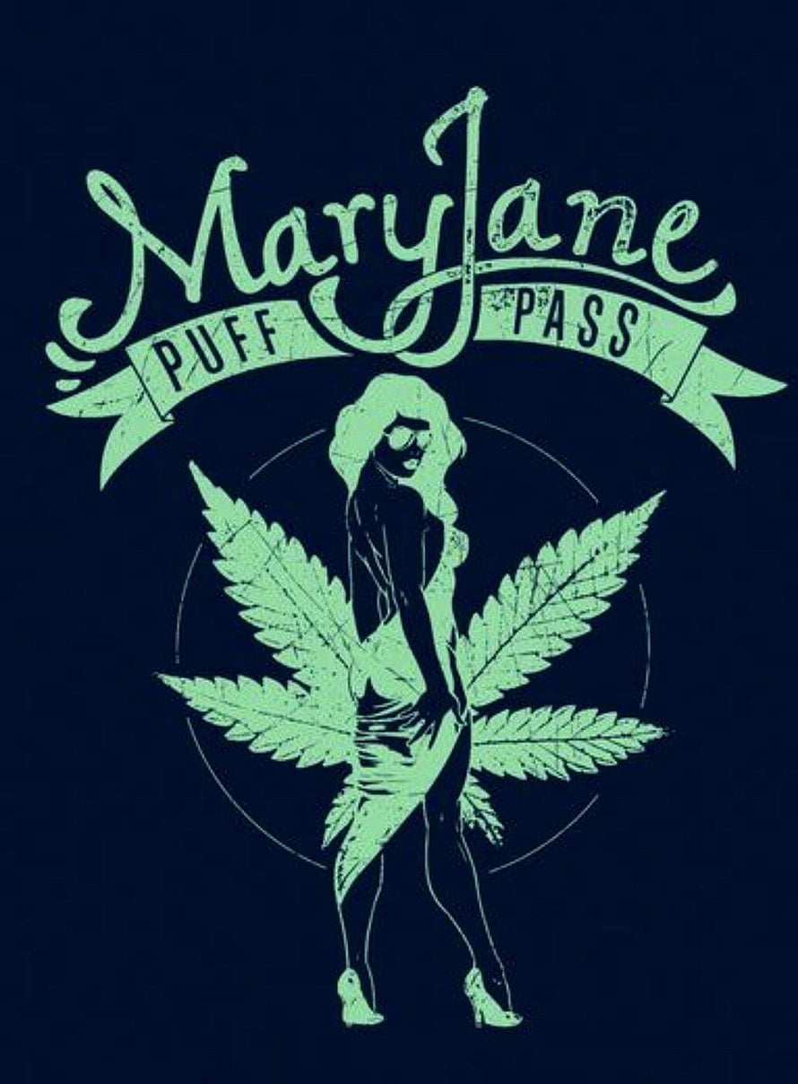 Mary Jane Puff Pass Vintage Style Illustration Featuring Pin-Up Woman and Cannabis Leaves HD phone wallpaper