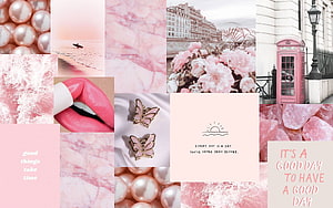 Pink Aesthetic Collage Wallpaper Featuring Pearls, Marble, and London Landmarks HD wallpaper