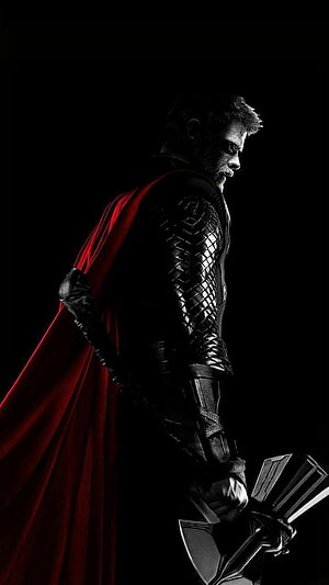 Thor Holding Stormbreaker Axe in Dark Armor with Red Cape HD phone wallpaper