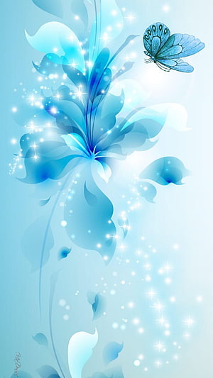 Ethereal Blue Butterfly and Abstract Floral Design with Sparkling Light Effects HD phone wallpaper
