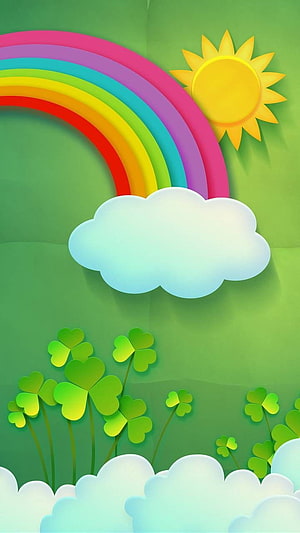 Colorful Paper Cut Rainbow and Shamrocks on Green Background HD phone wallpaper
