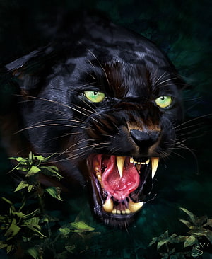 Fierce Black Jaguar Snarling in Dark Jungle with Glowing Green Eyes HD phone wallpaper