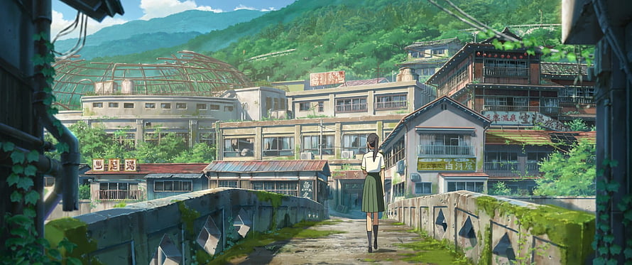 Suzume no Tojimari Anime Scene of Girl Walking Through Overgrown Japanese Town HD wallpaper