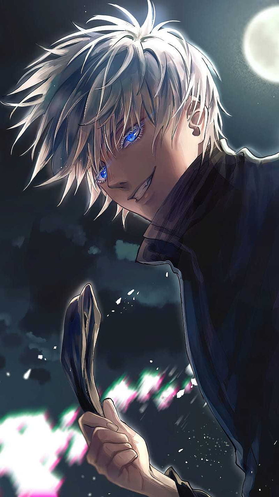 Gojo Satoru Anime Character with Blue Eyes and White Hair Holding a Blade Under Moonlight HD phone wallpaper