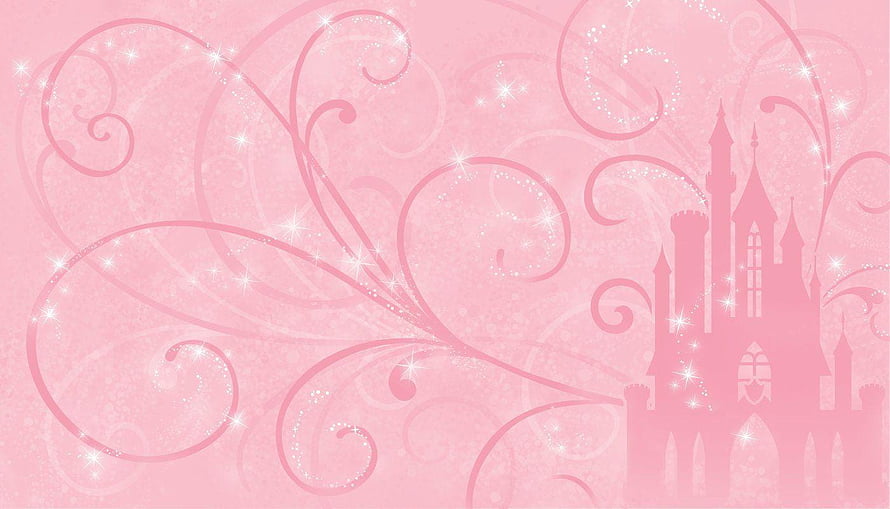 Pink Disney Princess Castle Silhouette with Elegant Floral Swirls and Sparkling Star Accents HD wallpaper