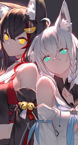 Mio and Fubuki from Hololive in an intimate anime illustration with fox ears and glowing eyes HD phone wallpaper