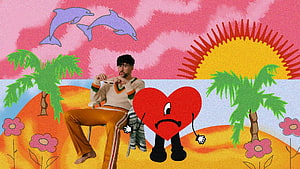 Bad Bunny Summer Tropical Collage with Cartoon Heart and Palm Trees HD wallpaper