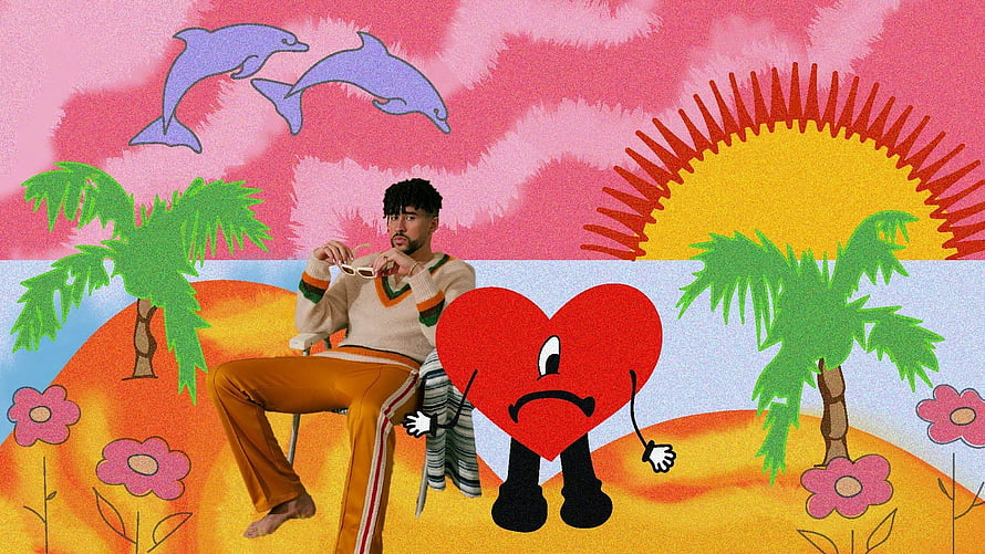 Bad Bunny Summer Tropical Collage with Cartoon Heart and Palm Trees HD wallpaper