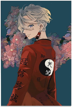 Kurokawa Izana from Tokyo Revengers in a red jacket with yin-yang emblem and floral background HD phone wallpaper