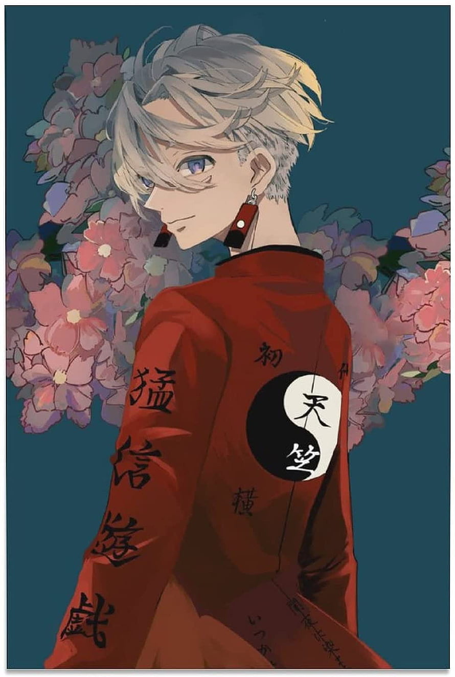 Kurokawa Izana from Tokyo Revengers in a red jacket with yin-yang emblem and floral background HD phone wallpaper
