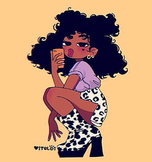 Cute cartoon illustration of a Black woman with curly hair taking a selfie in leopard print outfit HD phone wallpaper