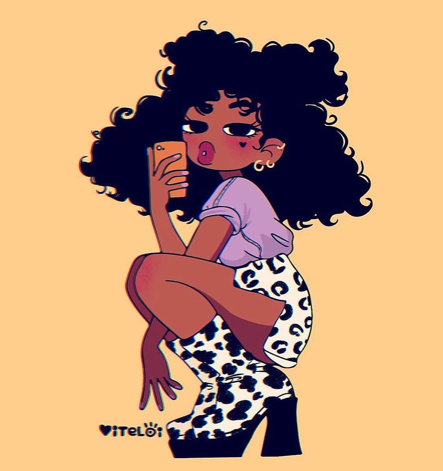Cute cartoon illustration of a Black woman with curly hair taking a selfie in leopard print outfit HD phone wallpaper
