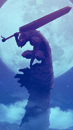 Guts from Berserk Wielding Dragon Slayer Sword Against Giant Moon HD phone wallpaper