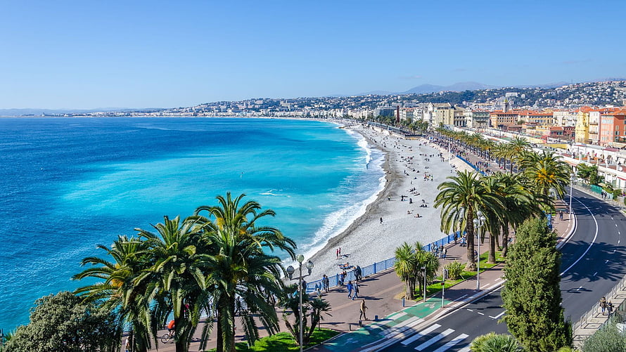 Aerial View of the Promenade du Paillon and Beach in Nice, France HD wallpaper