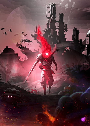 Dead Cells Flame Warrior Concept Art with Red Energy and Dark Castle Silhouette HD phone wallpaper
