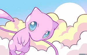 Mew Floating Among Pastel Clouds and Starry Sky in Soft Anime Style HD wallpaper
