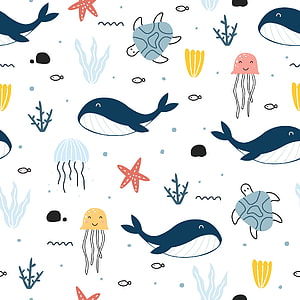 Cute Cartoon Ocean Life Seamless Pattern with Whales, Turtles, and Jellyfish HD phone wallpaper