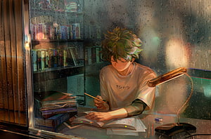 Izuku Midoriya Studying at a Desk in a Rainy Room from Boku no Hero Academia HD wallpaper