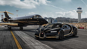 Black and Gold Bugatti Chiron Parked on Airport Tarmac Beside Private Jet HD wallpaper